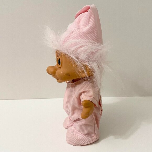 Vtg Russ Bedtime Sleepy Troll Doll Pajamas Pink Stripe Nightcap 8 Inch Tall - Picture 5 of 16